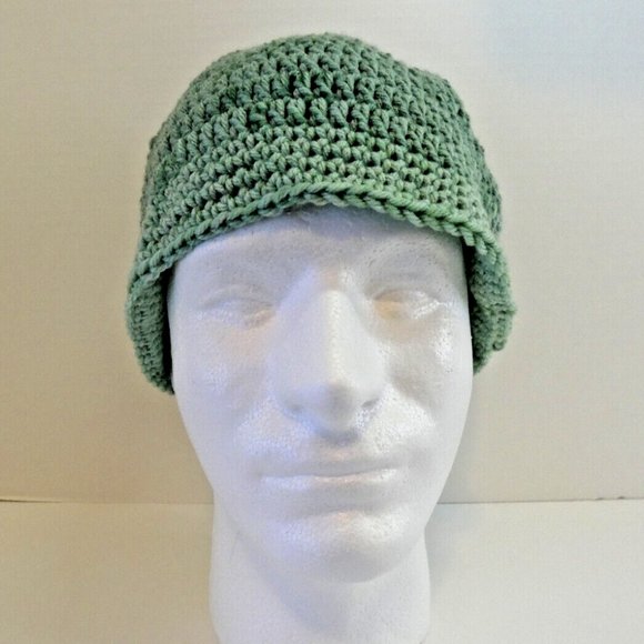 Green Beanie Stripe Skull Cap Forest Woods Hat Handmade Crochet Knit USA OS - Picture 2 of 6